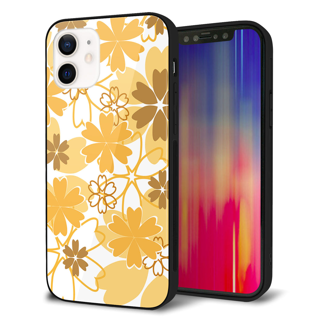 iPhone12 強化ガラス＆TPUスマホケース ガラプリ【VA959 重なり合う花 オレンジ】