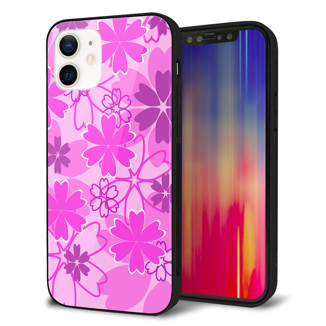 iPhone12 強化ガラス＆TPUスマホケース ガラプリ【VA961 重なり合う花 ピンク】