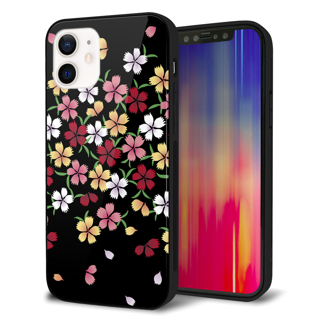 iPhone12 強化ガラス＆TPUスマホケース ガラプリ【YJ323 和柄 なでしこ】