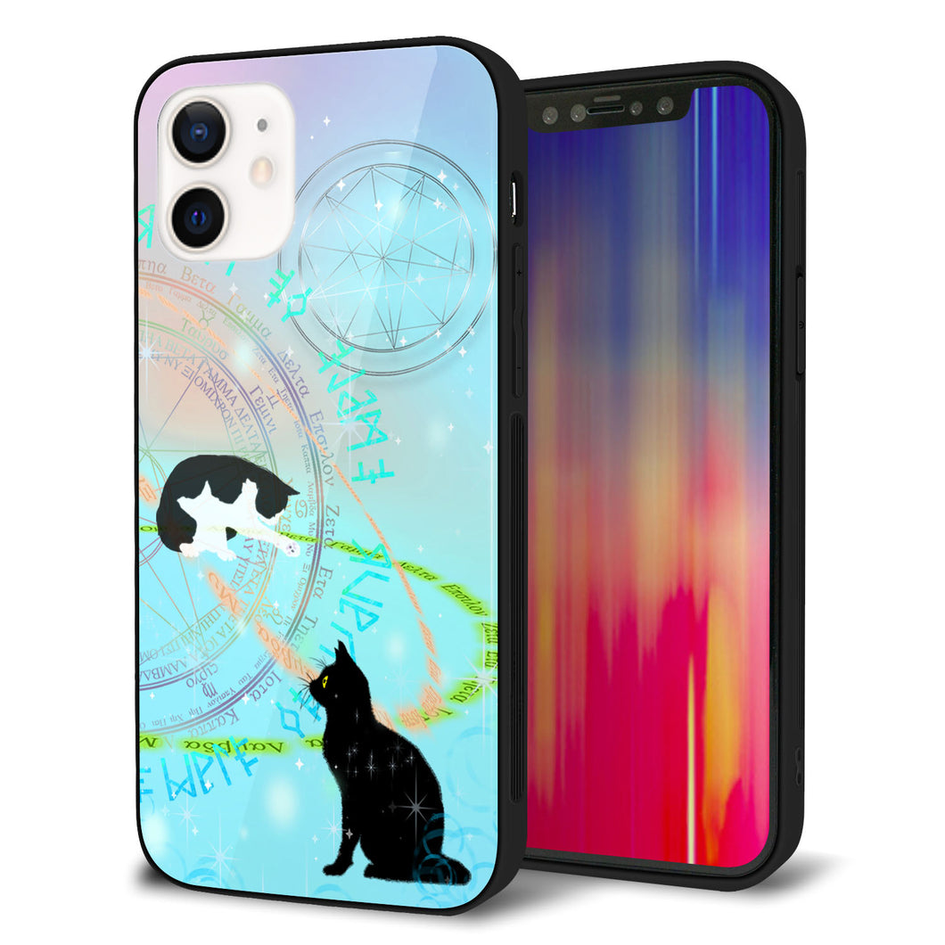 iPhone12 強化ガラス＆TPUスマホケース ガラプリ【YJ329 魔法陣猫 キラキラ パステル】