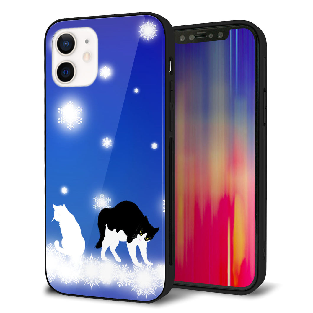 iPhone12 強化ガラス＆TPUスマホケース ガラプリ【YJ335 雪の結晶 はちわれ】