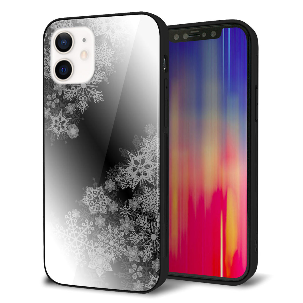iPhone12 強化ガラス＆TPUスマホケース ガラプリ【YJ340 モノトーン 雪の結晶 】