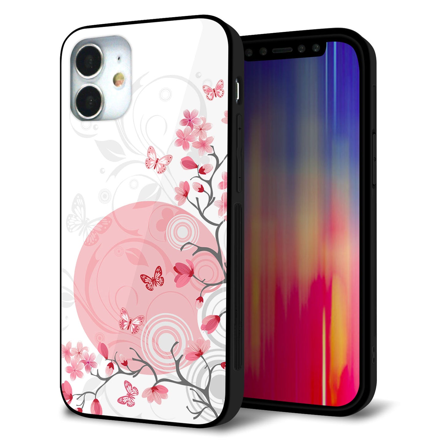 iPhone12 mini 強化ガラス＆TPUスマホケース ガラプリ【030 花と蝶（うす桃色）】