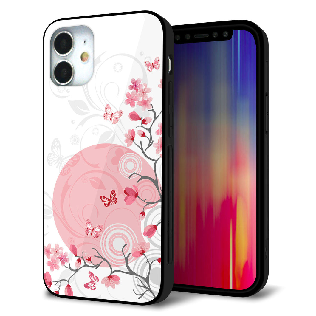 iPhone12 mini 強化ガラス＆TPUスマホケース ガラプリ【030 花と蝶（うす桃色）】