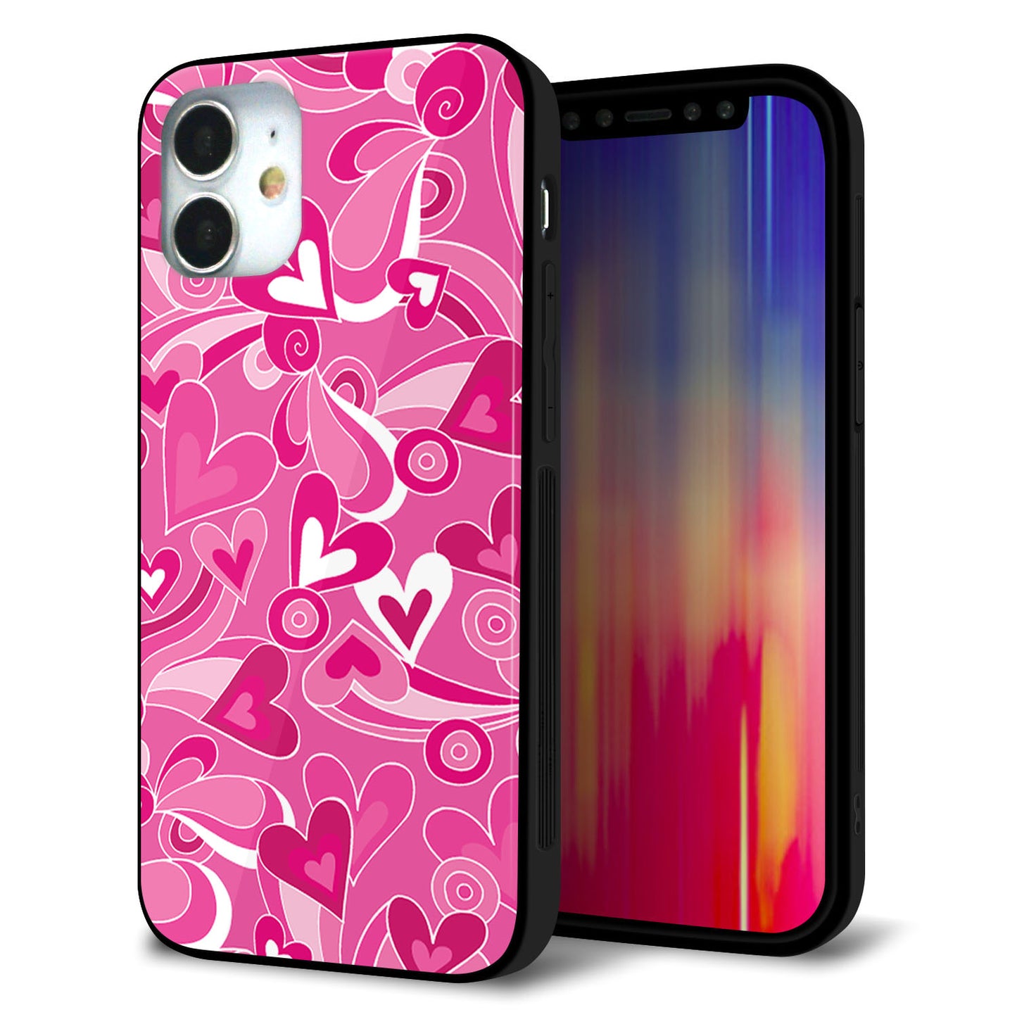 iPhone12 mini 強化ガラス＆TPUスマホケース ガラプリ【383 ピンクのハート】