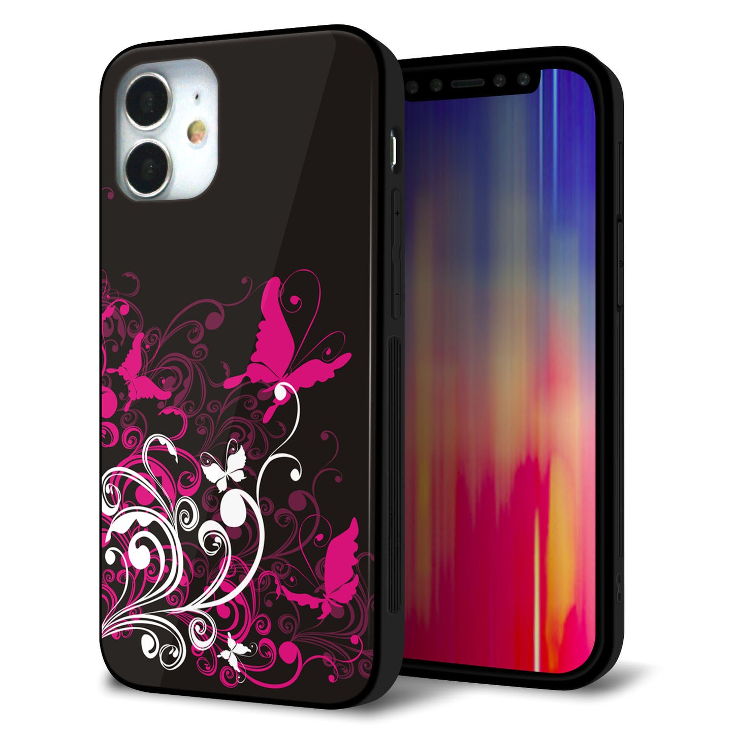 iPhone12 mini 強化ガラス＆TPUスマホケース ガラプリ【585 闇に舞う蝶】