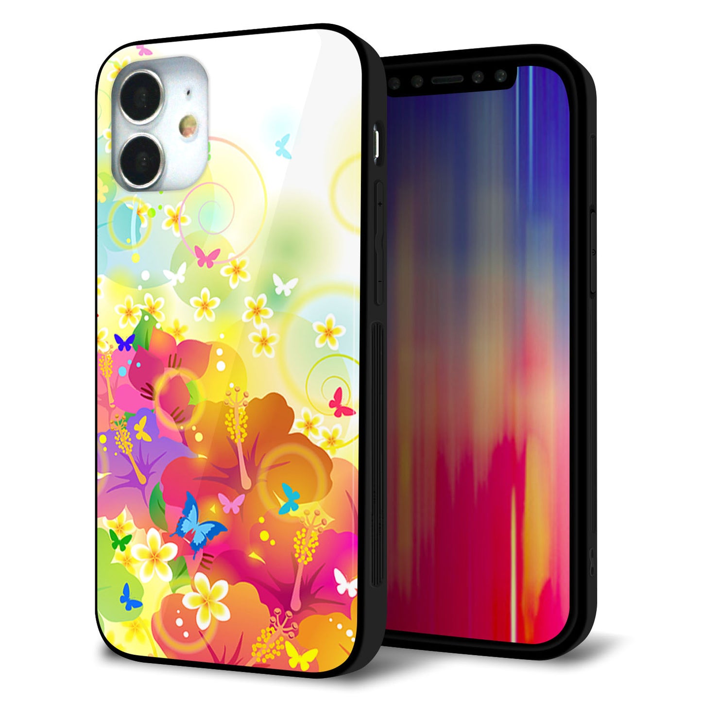 iPhone12 mini 強化ガラス＆TPUスマホケース ガラプリ【647 ハイビスカスと蝶】