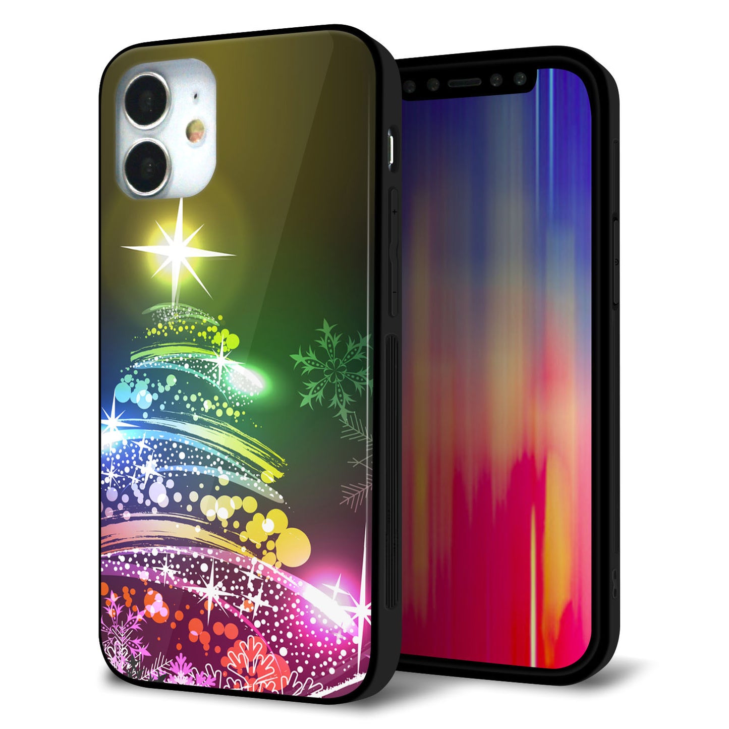iPhone12 mini 強化ガラス＆TPUスマホケース ガラプリ【722 レインボークリスマス】