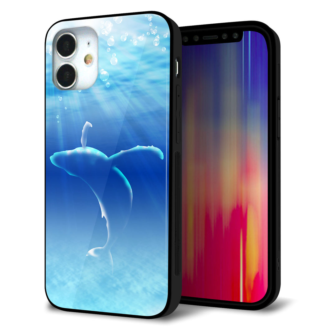 iPhone12 mini 強化ガラス＆TPUスマホケース ガラプリ【1047 海の守り神くじら】