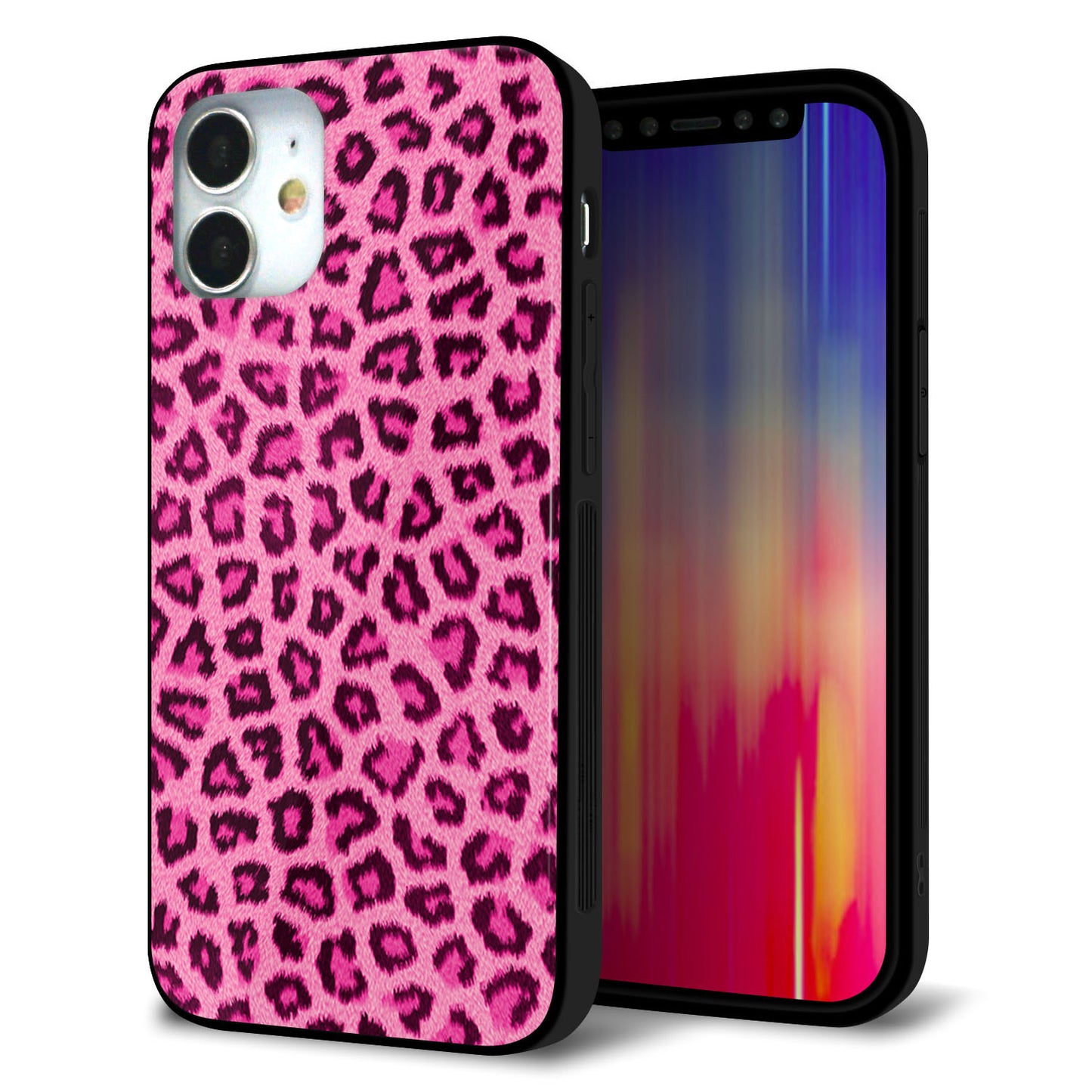 iPhone12 mini 強化ガラス＆TPUスマホケース ガラプリ【1066 ヒョウ柄ベーシックSピンク】