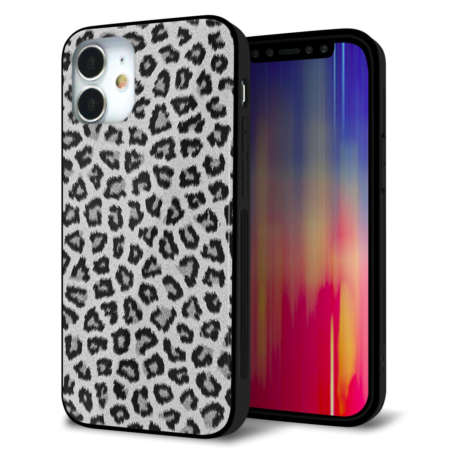 iPhone12 mini 強化ガラス＆TPUスマホケース ガラプリ【1068 ヒョウ柄ベーシックSグレー】
