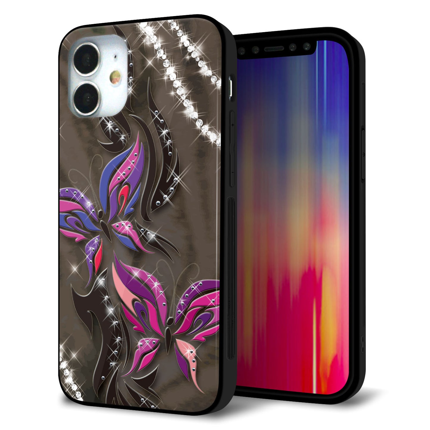 iPhone12 mini 強化ガラス＆TPUスマホケース ガラプリ【1164 キラめくストーンと蝶】