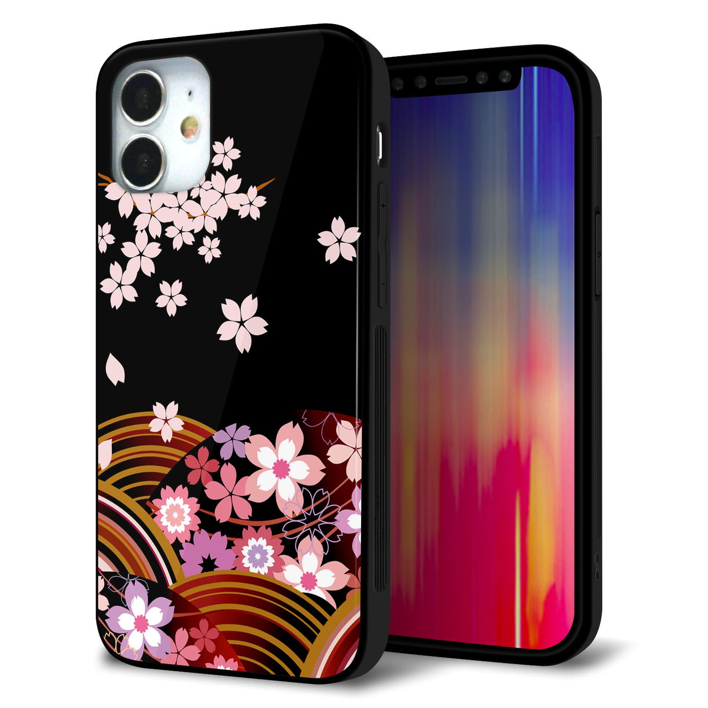 iPhone12 mini 強化ガラス＆TPUスマホケース ガラプリ【1237 和柄＆筆文字・夜桜の宴】