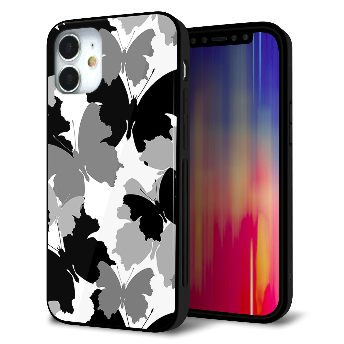 iPhone12 mini 強化ガラス＆TPUスマホケース ガラプリ【1336 夜の蝶】