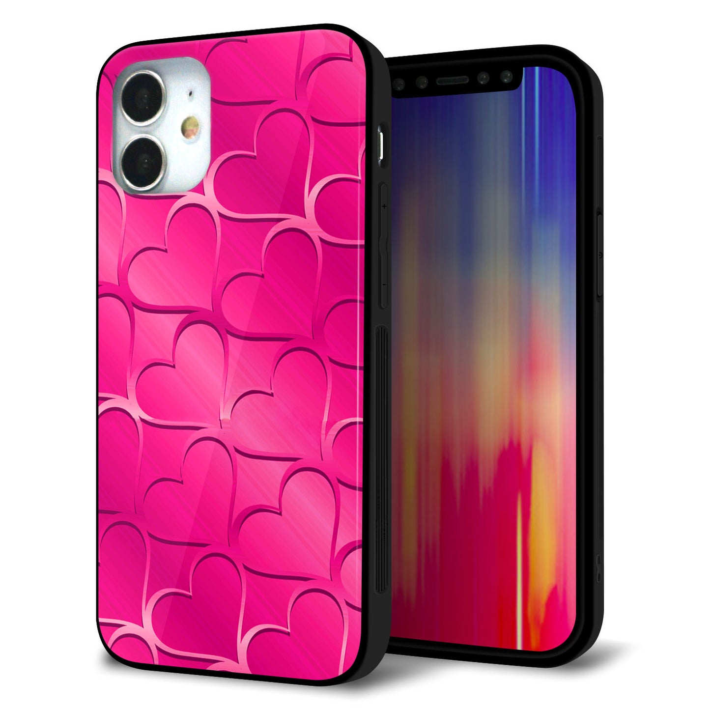 iPhone12 mini 強化ガラス＆TPUスマホケース ガラプリ【1347 かくれハート（ショッキングピンク）】