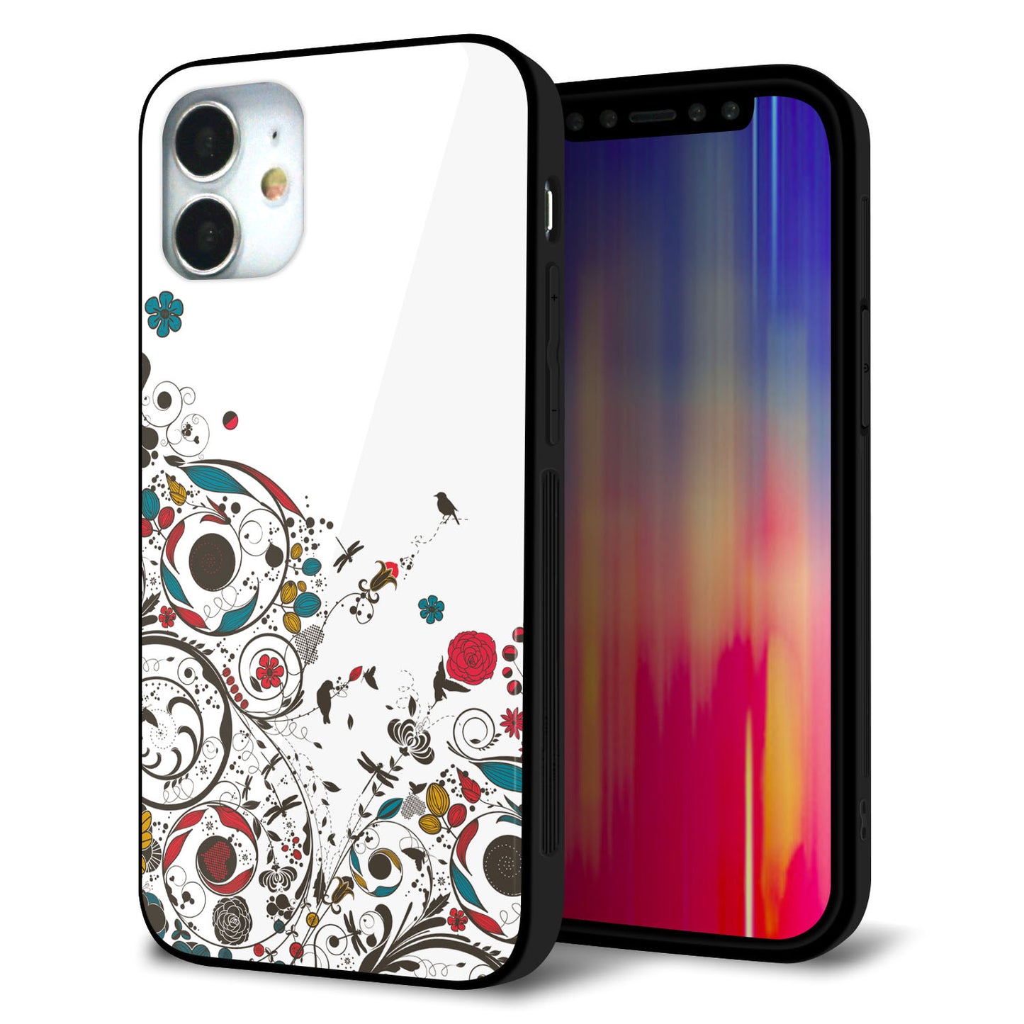 iPhone12 mini 強化ガラス＆TPUスマホケース ガラプリ【EK908 カラフルな花と鳥】