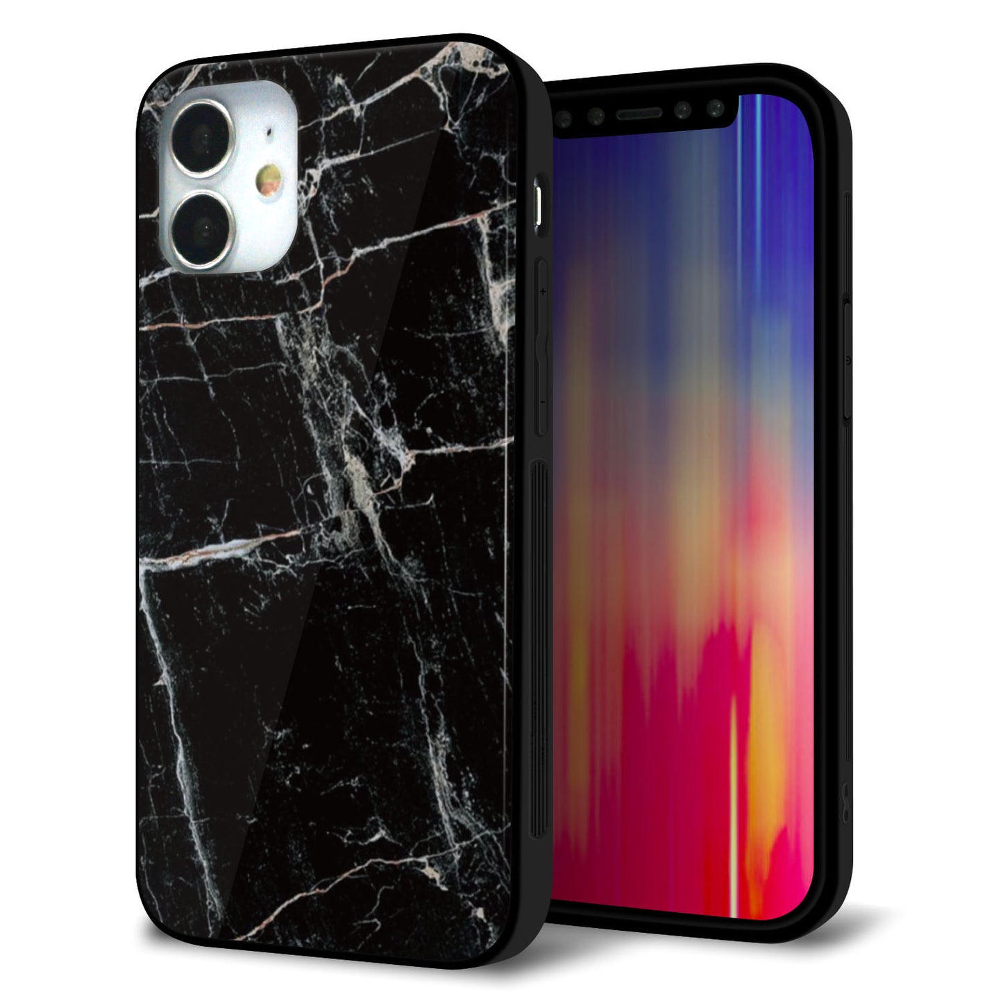 iPhone12 mini 強化ガラス＆TPUスマホケース ガラプリ【KM867 大理石BK】