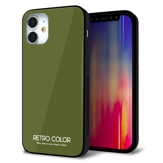 iPhone12 mini 強化ガラス＆TPUスマホケース ガラプリ【KM916 レトロカラー(カーキ)】