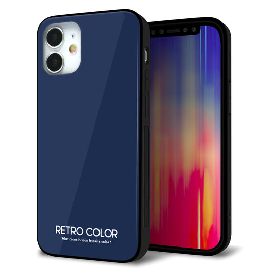 iPhone12 mini 強化ガラス＆TPUスマホケース ガラプリ【KM918 レトロカラー(ネイビー)】
