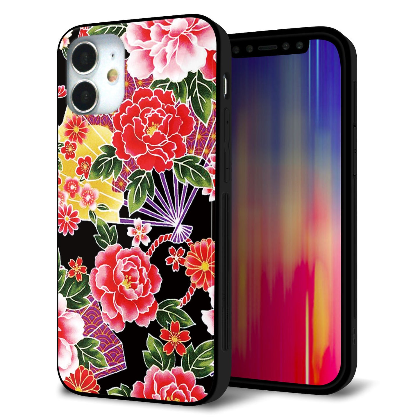 iPhone12 mini 強化ガラス＆TPUスマホケース ガラプリ【MA959 和柄 花 A】