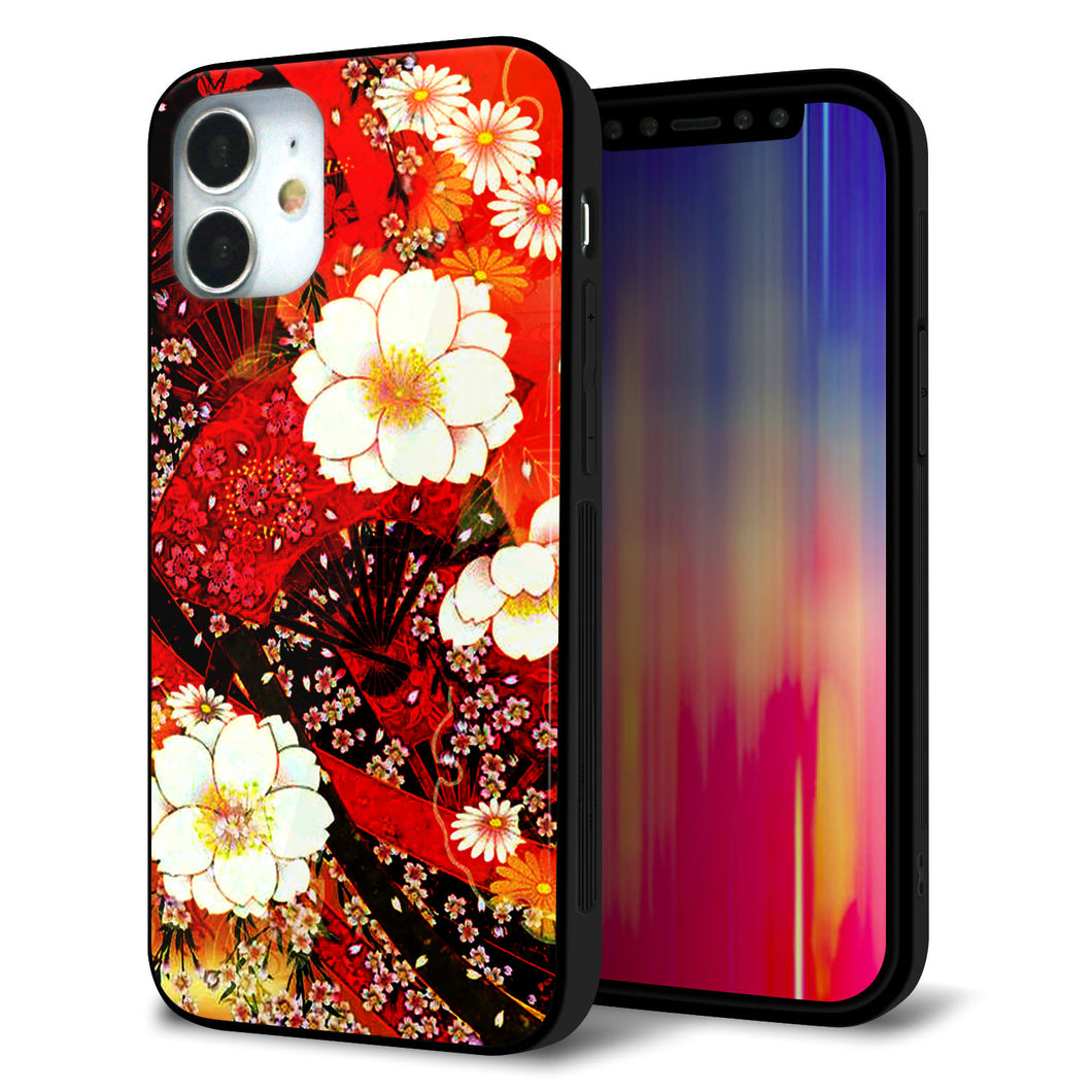 iPhone12 mini 強化ガラス＆TPUスマホケース ガラプリ【MA960 和柄 花 B】