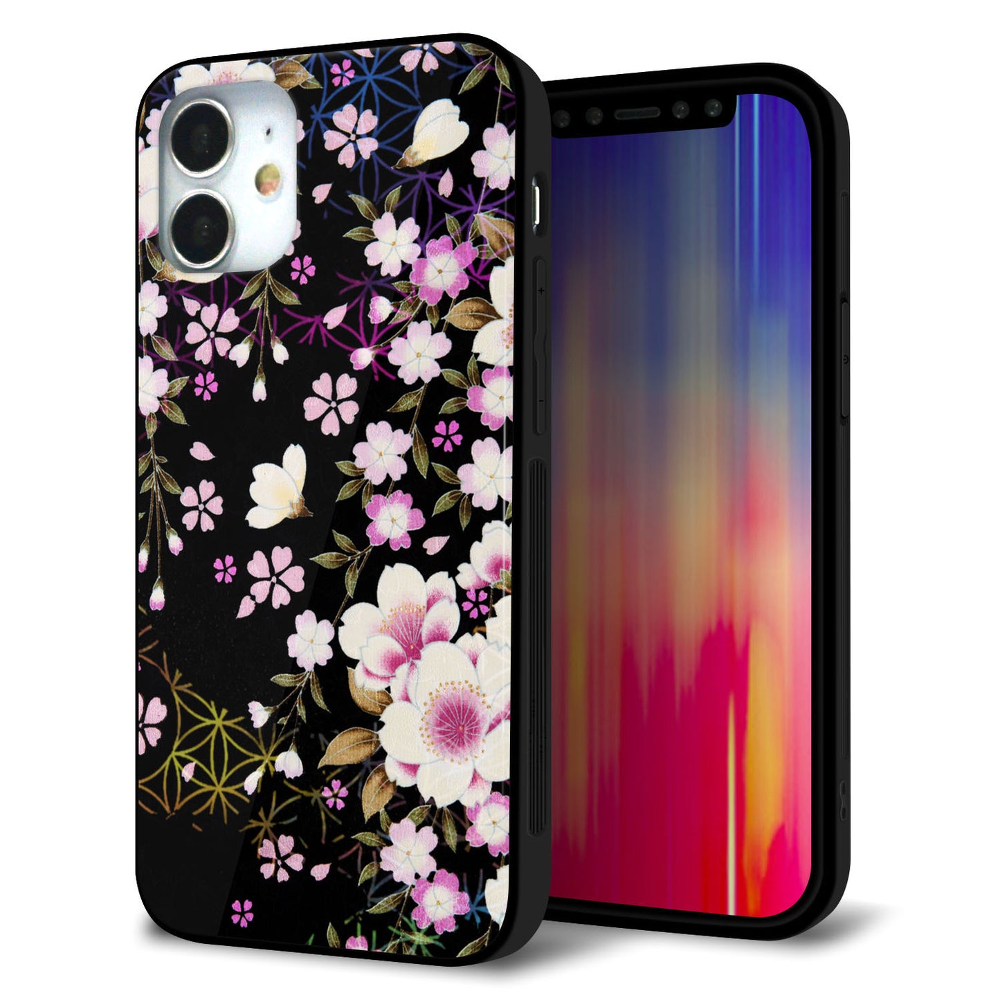 iPhone12 mini 強化ガラス＆TPUスマホケース ガラプリ【MA961 和柄 花 C】