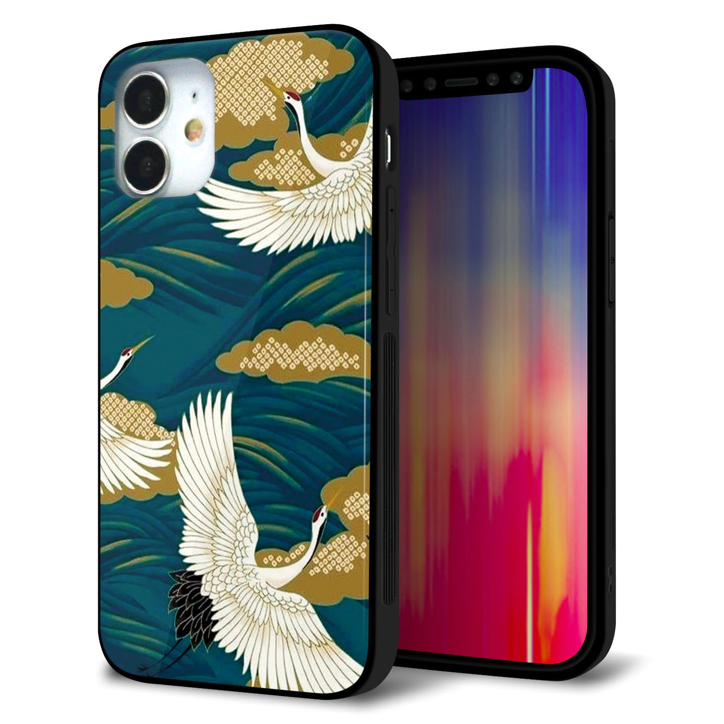 iPhone12 mini 強化ガラス＆TPUスマホケース ガラプリ【MA964 着物柄 鶴鯉 B】