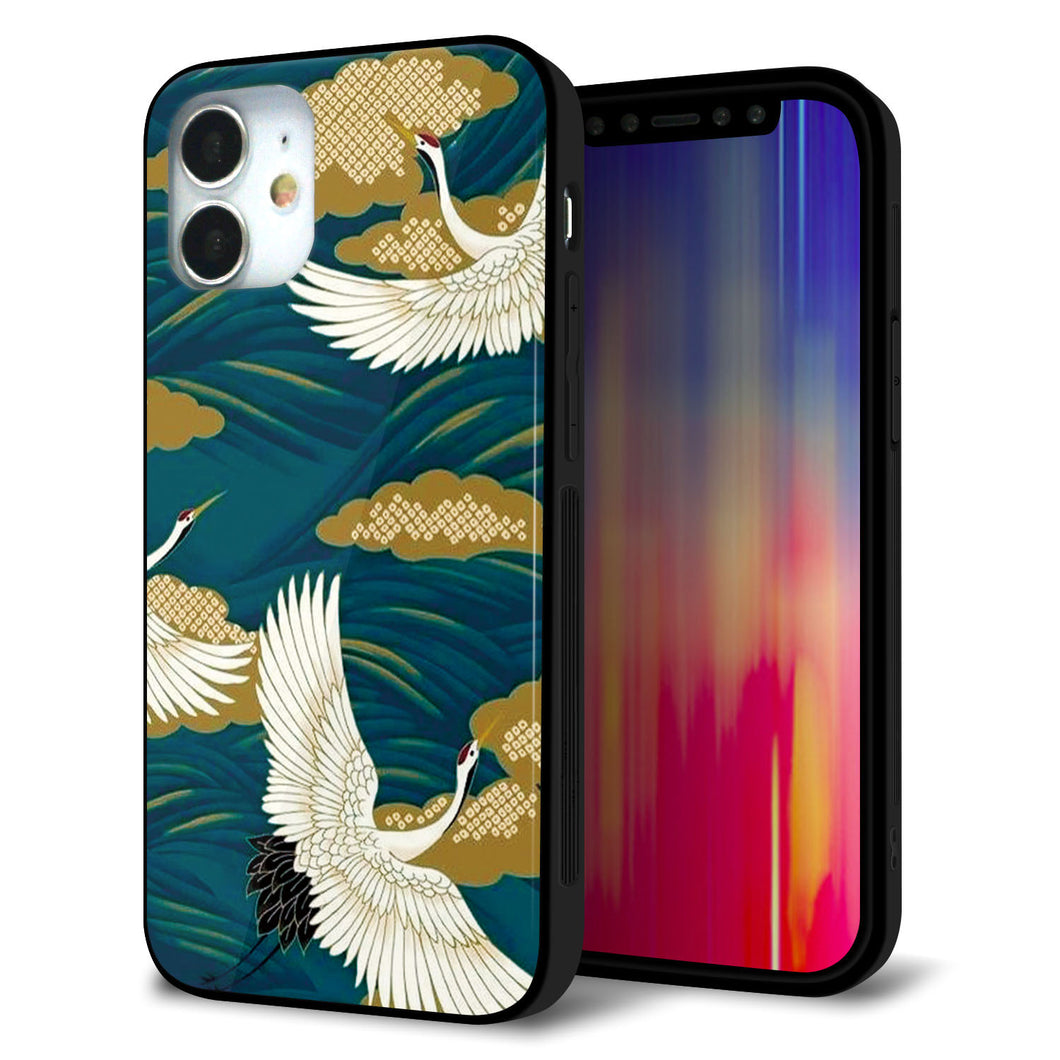 iPhone12 mini 強化ガラス＆TPUスマホケース ガラプリ【MA964 着物柄 鶴鯉 B】