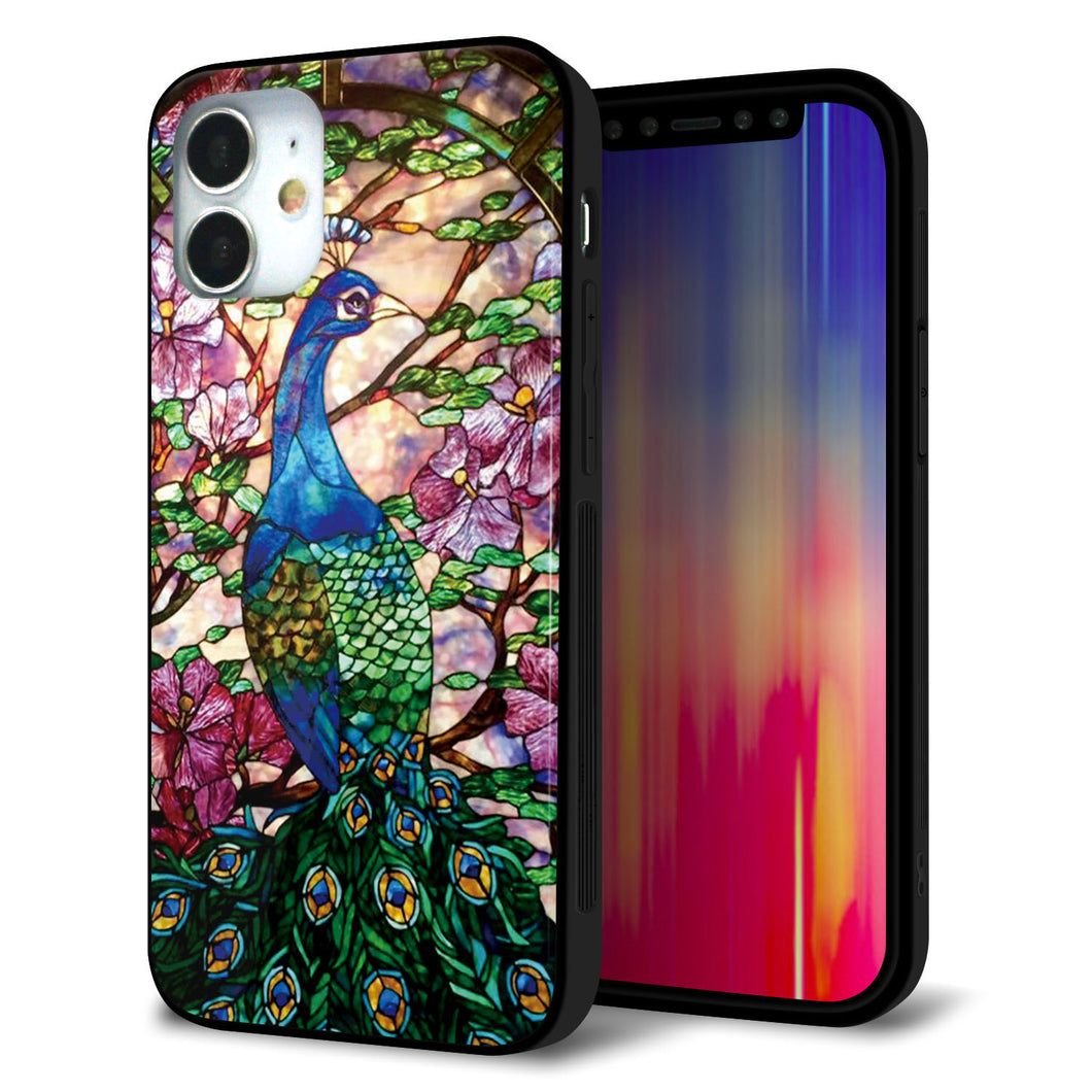 iPhone12 mini 強化ガラス＆TPUスマホケース ガラプリ【MA996 ステンドグラス クジャク】