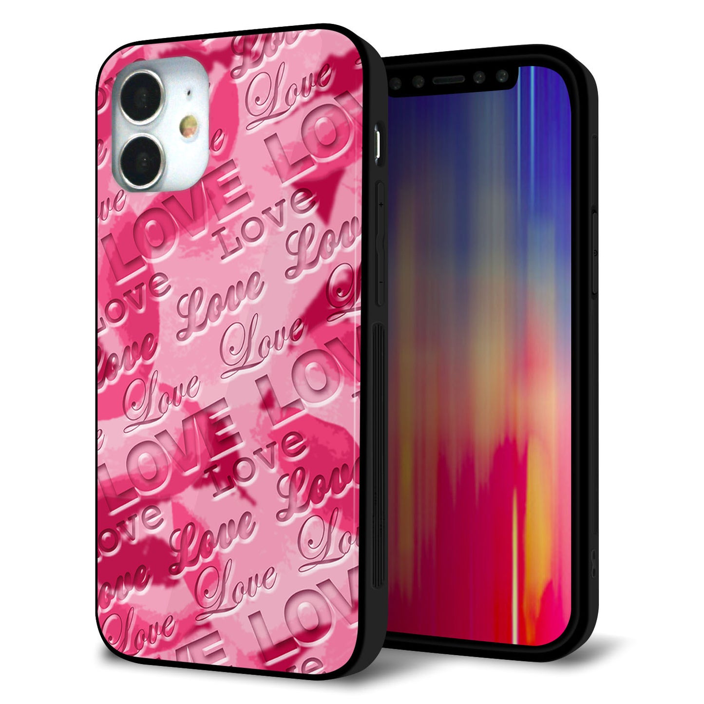 iPhone12 mini 強化ガラス＆TPUスマホケース ガラプリ【SC845 フラワーヴェルニLOVE濃いピンク（ローズアンディアン）】