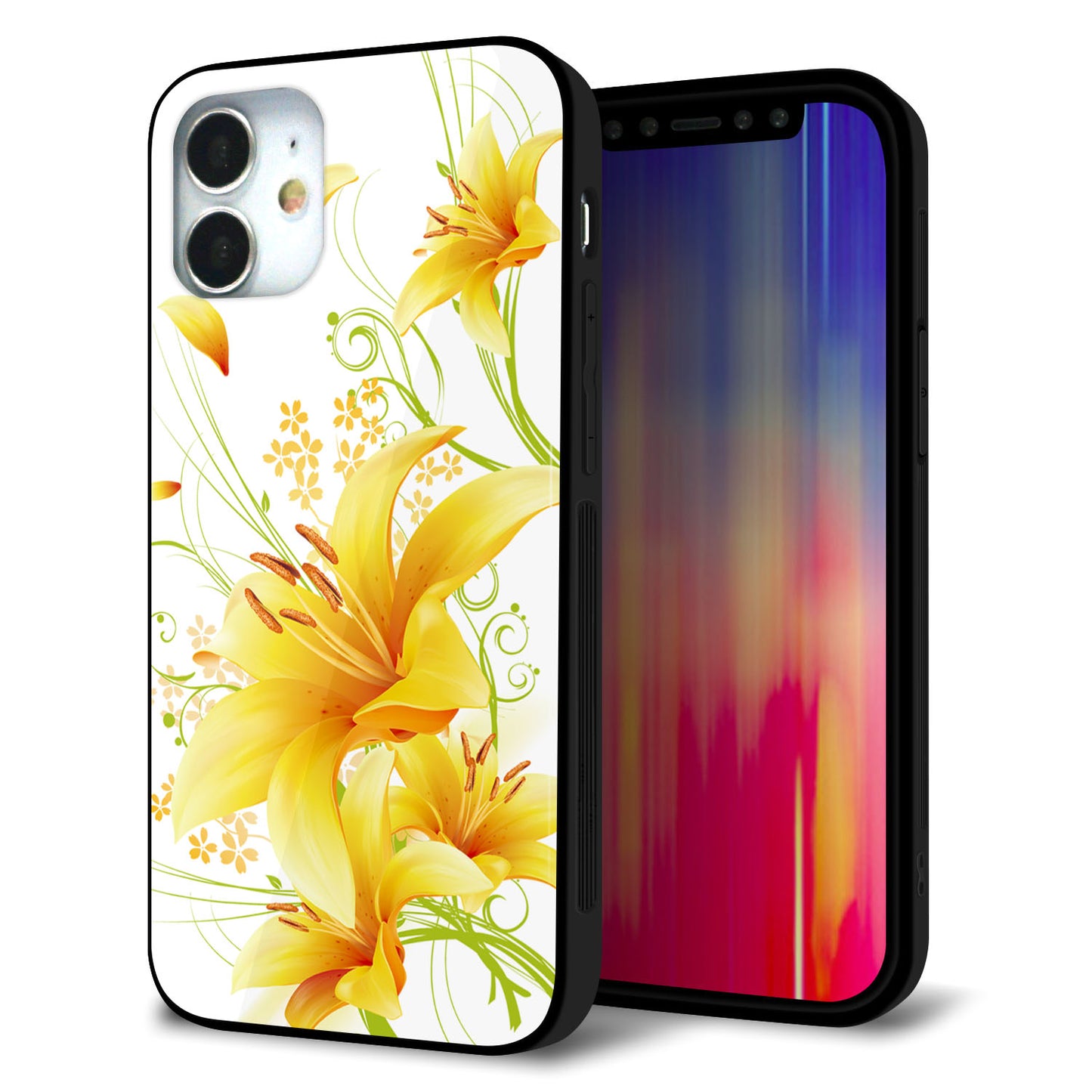 iPhone12 mini 強化ガラス＆TPUスマホケース ガラプリ【SC852 ユリ（イエロー）】