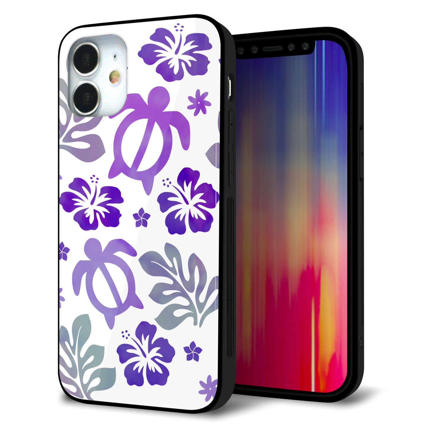 iPhone12 mini 強化ガラス＆TPUスマホケース ガラプリ【SC878 ハワイアンアロハホヌ（パープル）】
