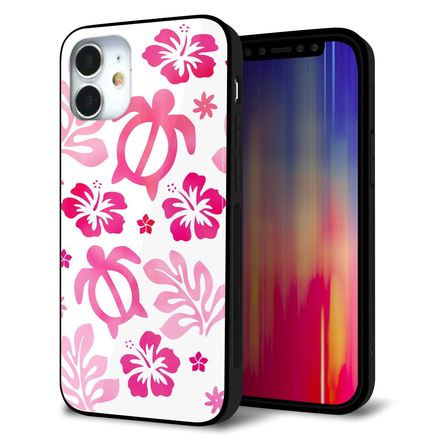 iPhone12 mini 強化ガラス＆TPUスマホケース ガラプリ【SC879 ハワイアンアロハホヌ（ピンク）】