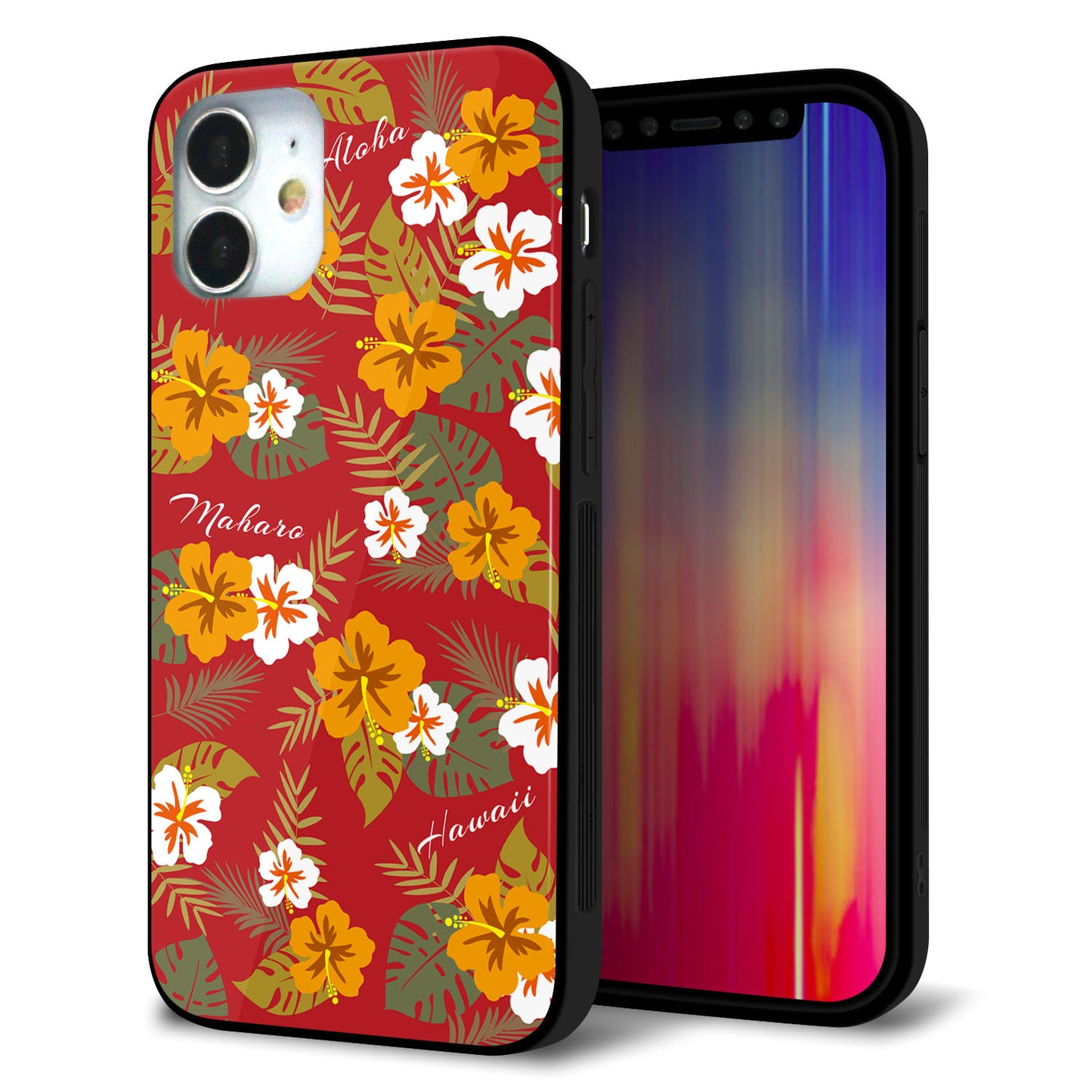 iPhone12 mini 強化ガラス＆TPUスマホケース ガラプリ【SC885 ハワイアンアロハレトロ（レッド）】
