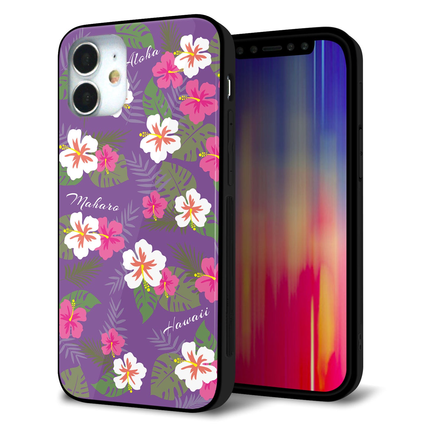 iPhone12 mini 強化ガラス＆TPUスマホケース ガラプリ【SC886 ハワイアンアロハレトロ（パープル）】