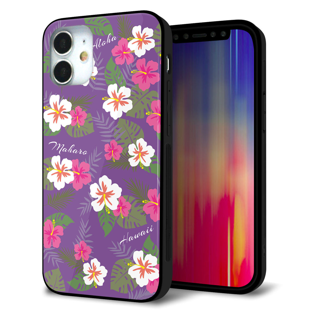 iPhone12 mini 強化ガラス＆TPUスマホケース ガラプリ【SC886 ハワイアンアロハレトロ（パープル）】