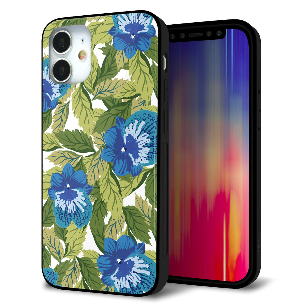 iPhone12 mini 強化ガラス＆TPUスマホケース ガラプリ【SC896 ボタニカル ブルー＆リーフ】