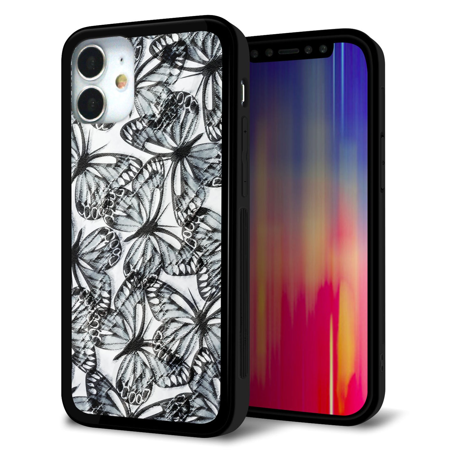 iPhone12 mini 強化ガラス＆TPUスマホケース ガラプリ【SC905 ガーデンバタフライ ブラック】