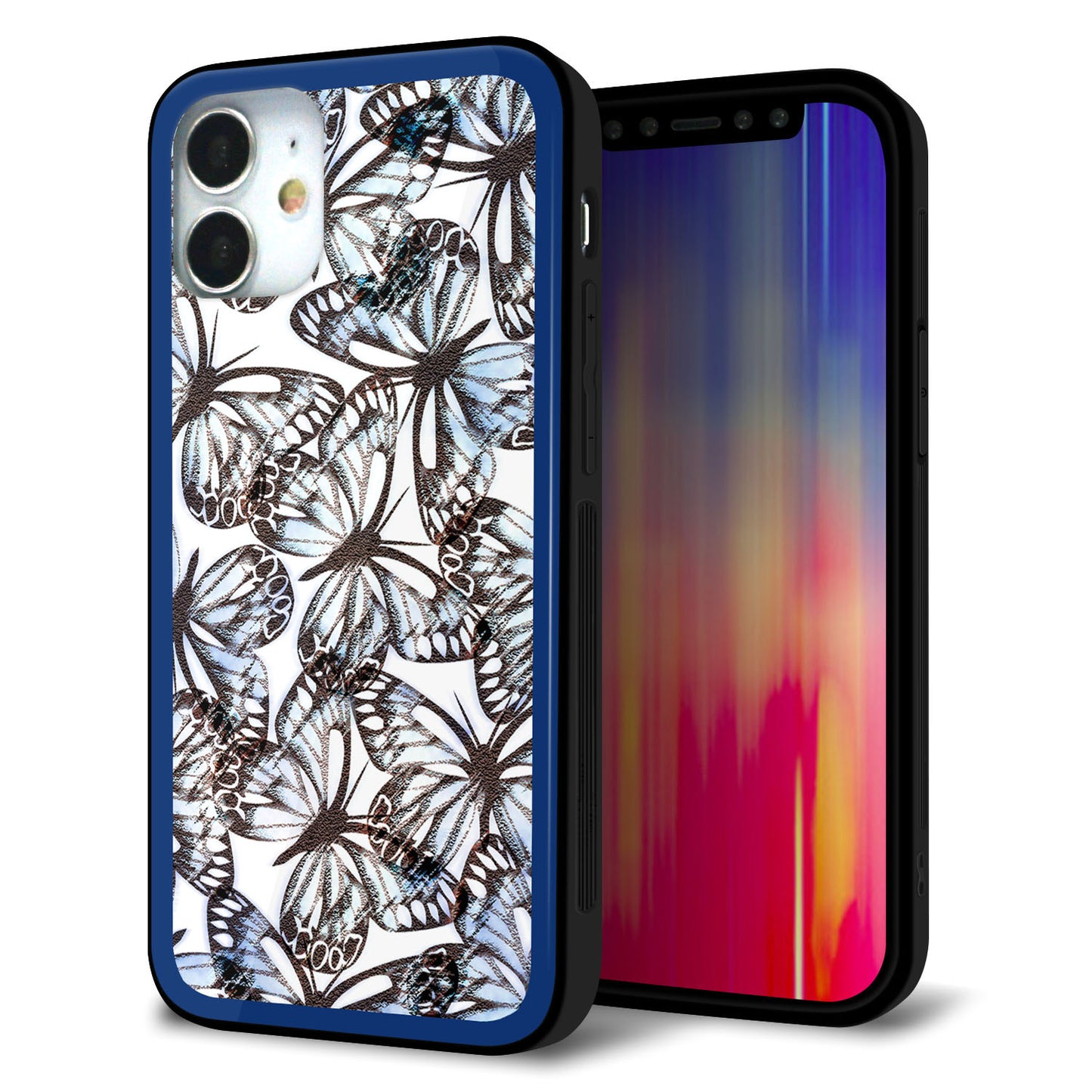 iPhone12 mini 強化ガラス＆TPUスマホケース ガラプリ【SC906 ガーデンバタフライ ブルー】