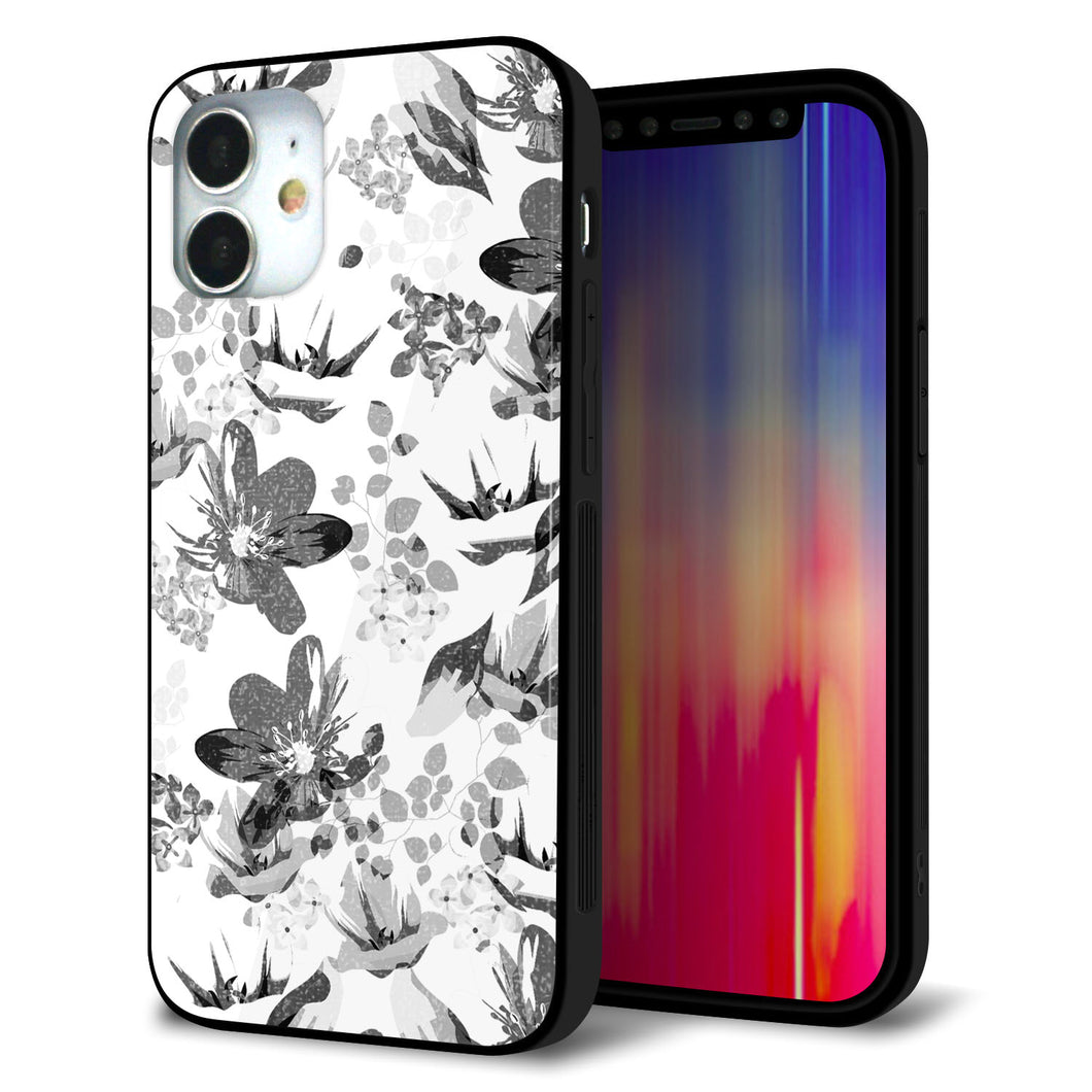 iPhone12 mini 強化ガラス＆TPUスマホケース ガラプリ【SC914 花柄モノトーン 03】