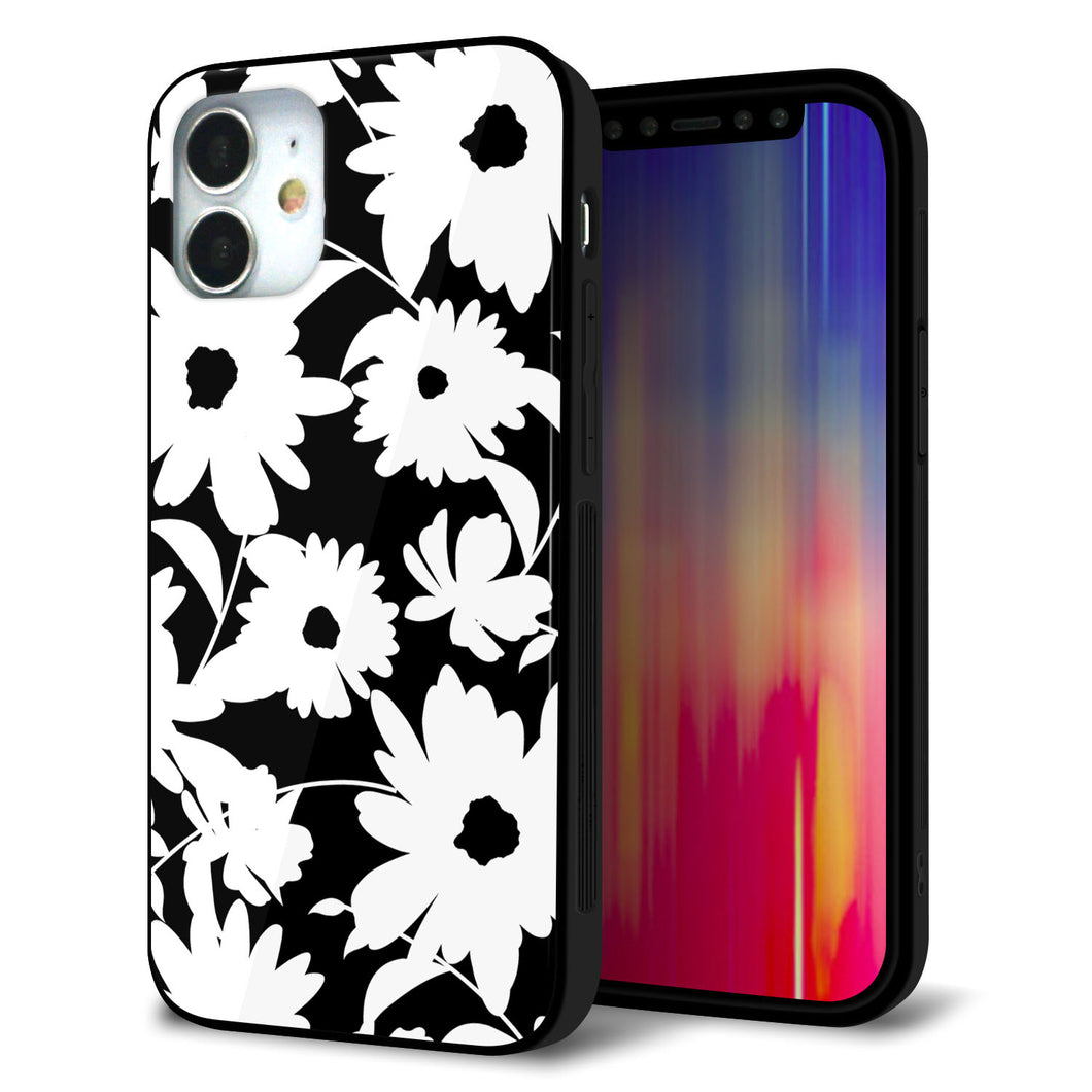 iPhone12 mini 強化ガラス＆TPUスマホケース ガラプリ【SC915 花柄モノトーン 04】