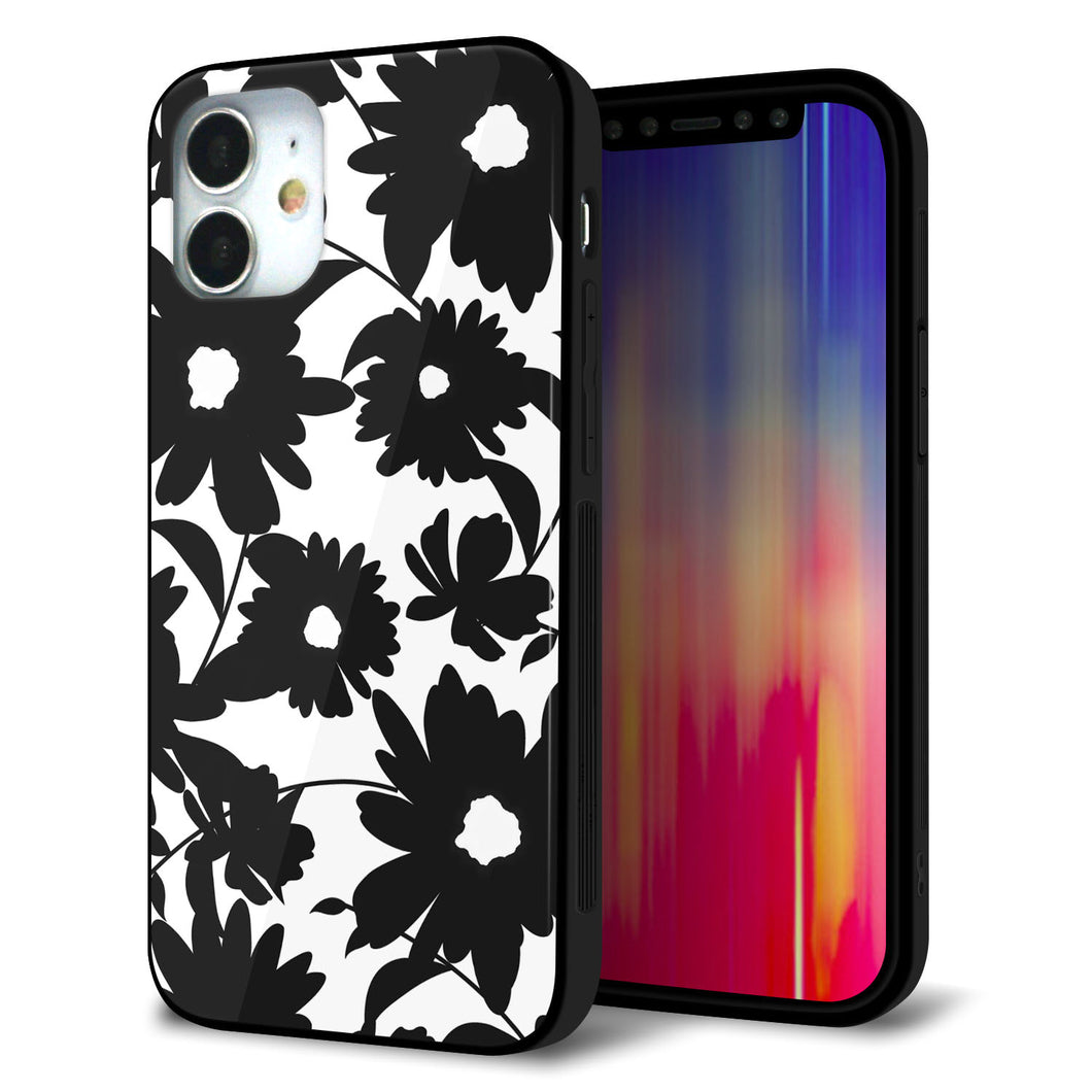 iPhone12 mini 強化ガラス＆TPUスマホケース ガラプリ【SC916 花柄モノトーン 05】