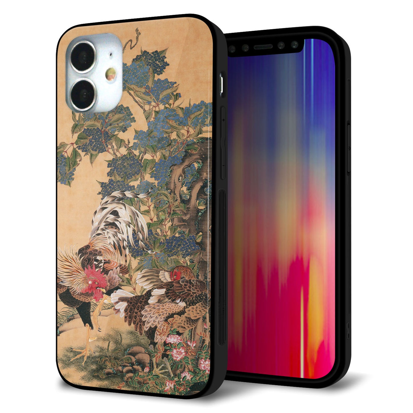 iPhone12 mini 強化ガラス＆TPUスマホケース ガラプリ【TA006 紫陽花双鶏】
