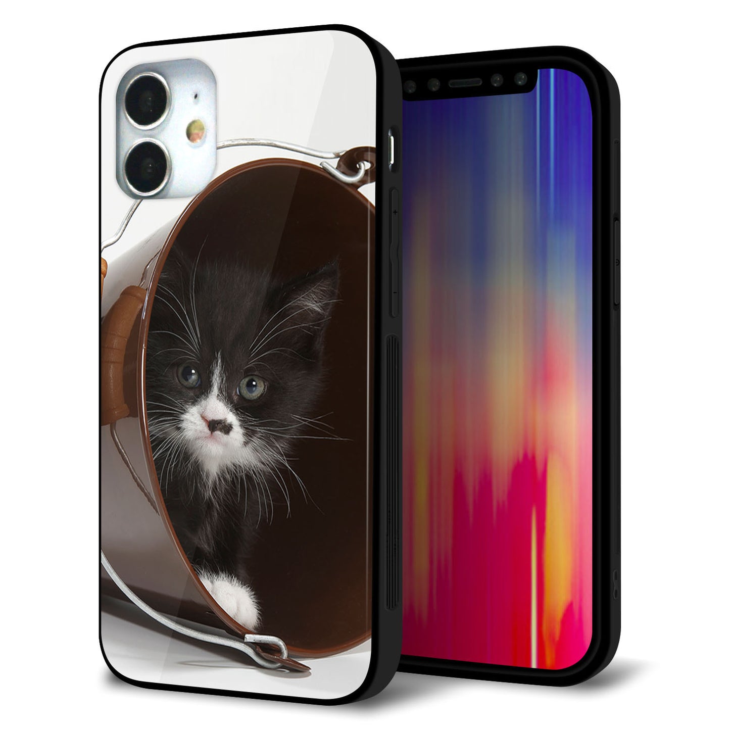 iPhone12 mini 強化ガラス＆TPUスマホケース ガラプリ【VA800 ネコとバケツ】