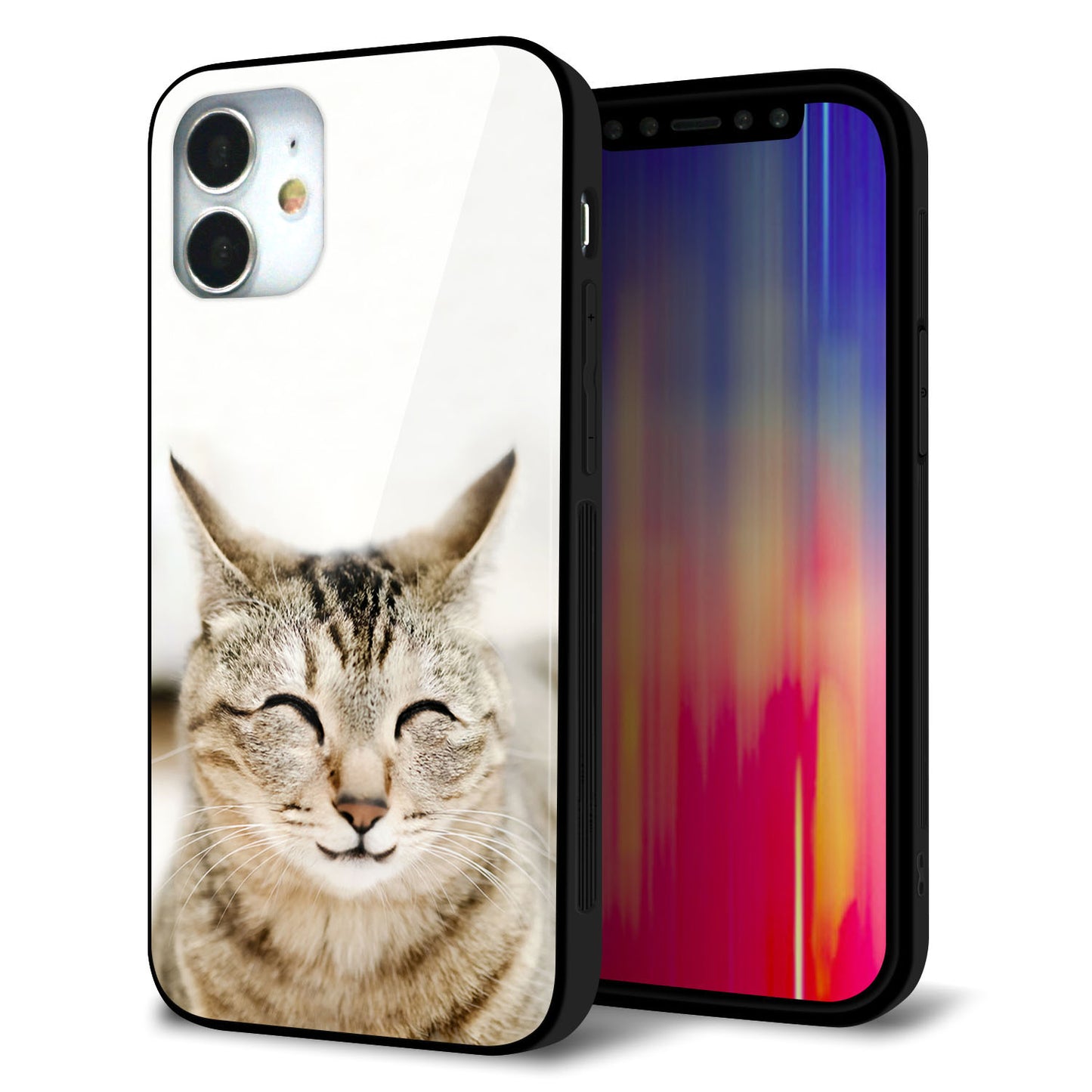 iPhone12 mini 強化ガラス＆TPUスマホケース ガラプリ【VA801 笑福ねこ】