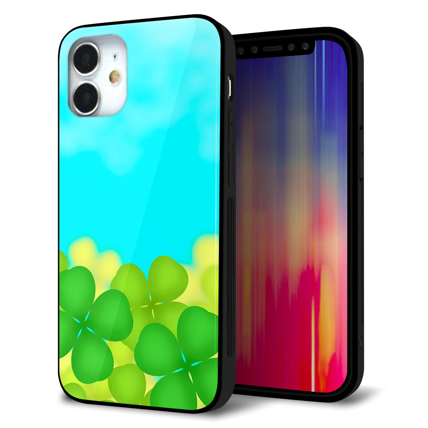 iPhone12 mini 強化ガラス＆TPUスマホケース ガラプリ【VA820 四葉のクローバー畑】