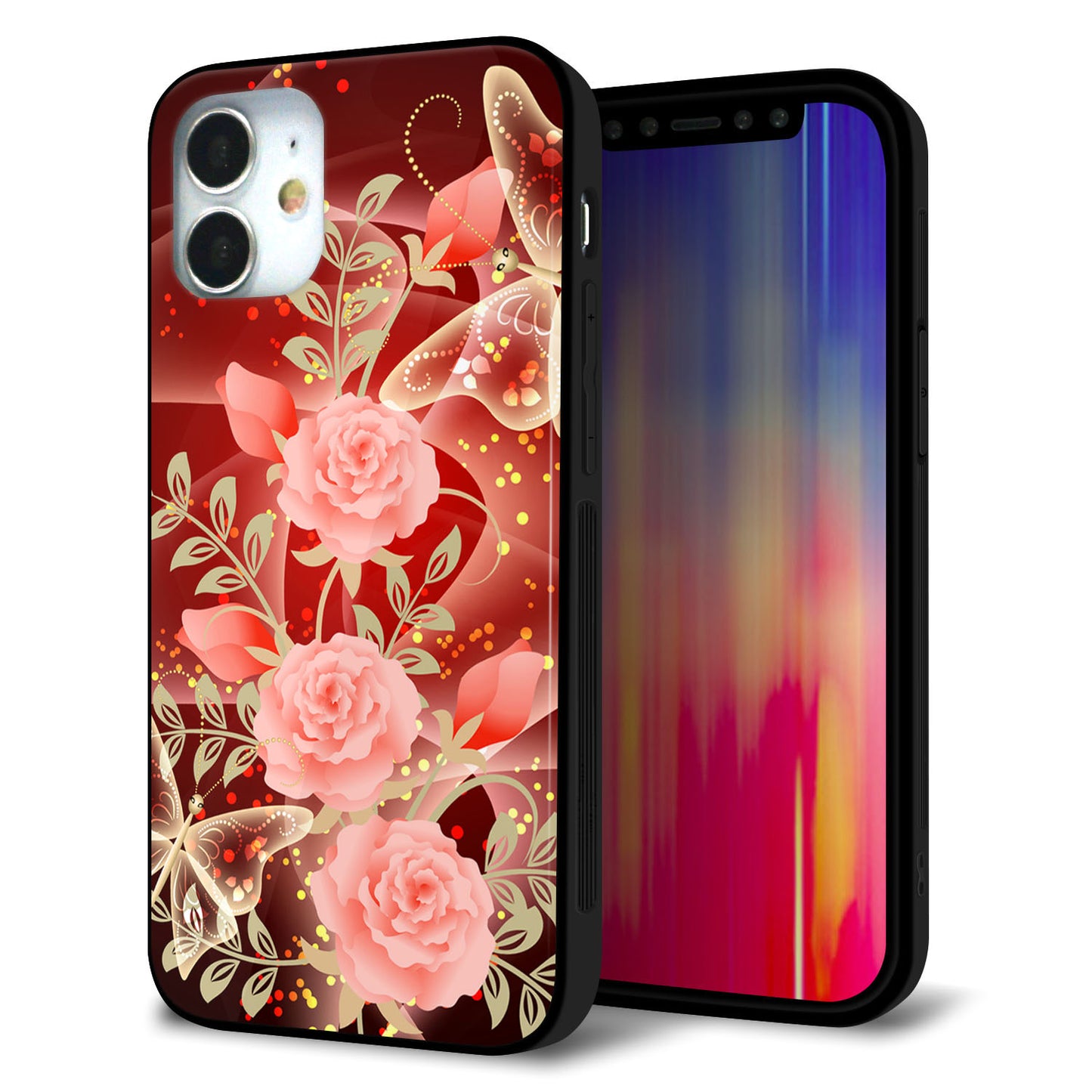 iPhone12 mini 強化ガラス＆TPUスマホケース ガラプリ【VA824 魅惑の蝶とピンクのバラ】