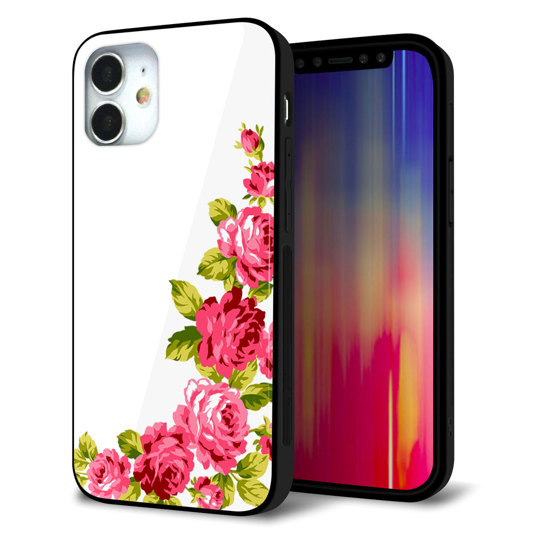 iPhone12 mini 強化ガラス＆TPUスマホケース ガラプリ【VA825 バラのフレーム(白)】