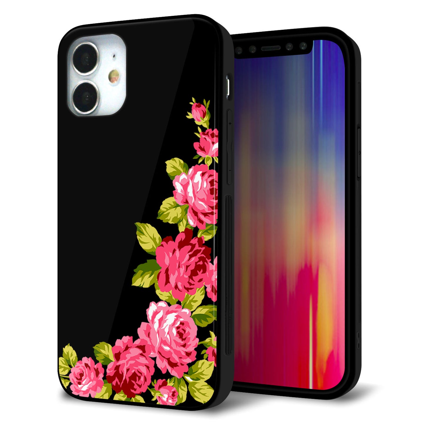 iPhone12 mini 強化ガラス＆TPUスマホケース ガラプリ【VA826 バラのフレーム(黒)】