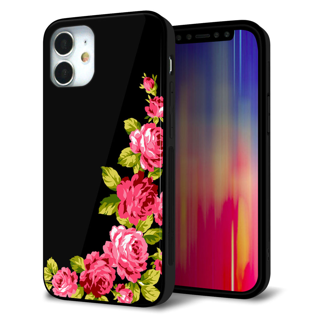 iPhone12 mini 強化ガラス＆TPUスマホケース ガラプリ【VA826 バラのフレーム(黒)】